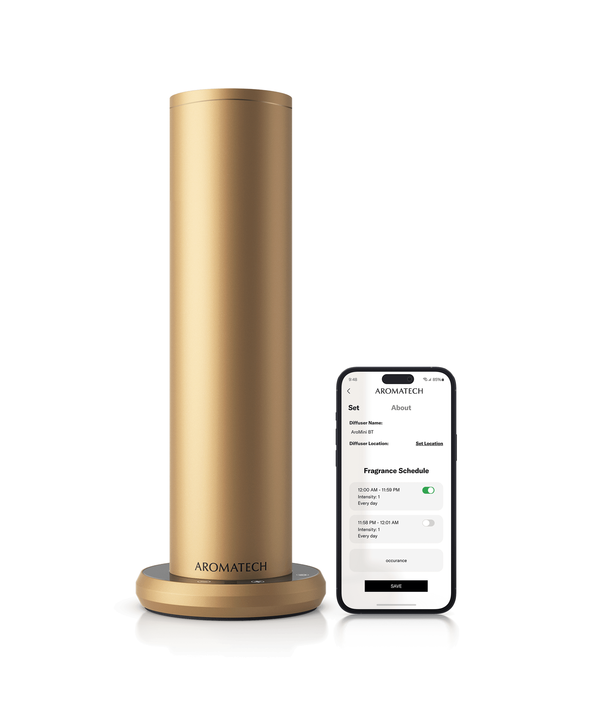 Gold AroMini® BT Plus next to a phone showing the 168极速赛车官方开奖平台app with a transparent background