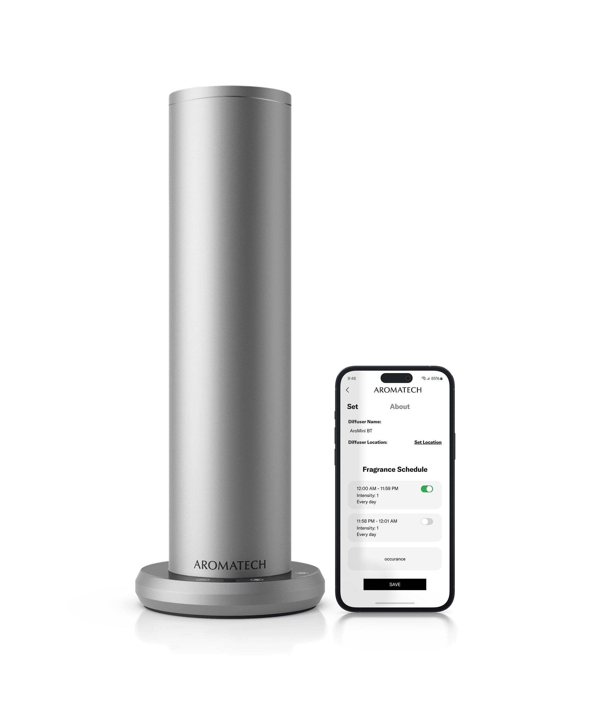 Silver AroMini® BT Plus next to a phone showing the AromaTech app with a transparent background